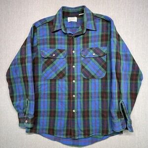 VTG 90s Private Property Large Flannel Blue Green Plaid Grunge Made In USA L
